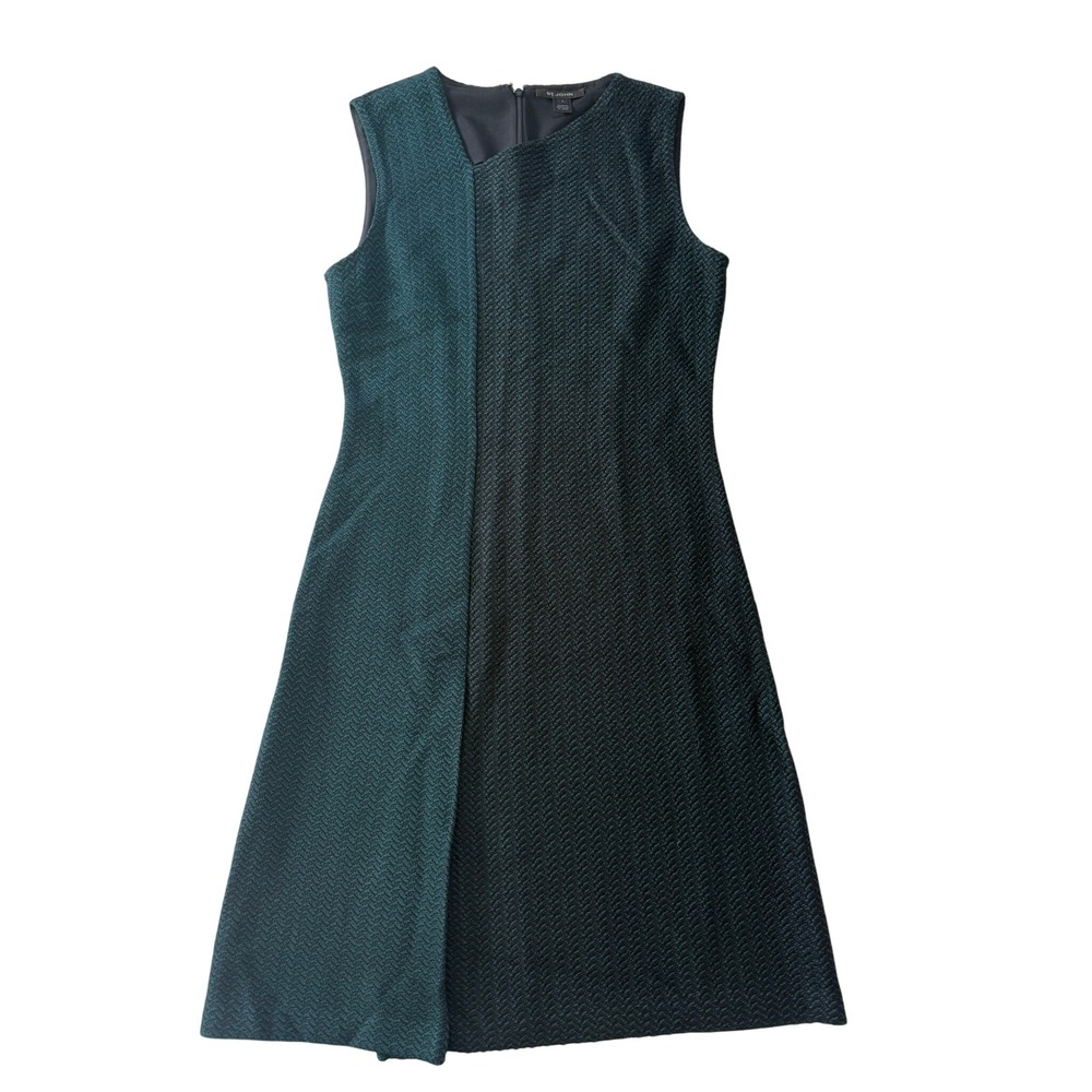 St. John Refined Textured Herringbone Fit & Flare Dress Petrol/Caviar Dress Sz 4 - Picture 2 of 9